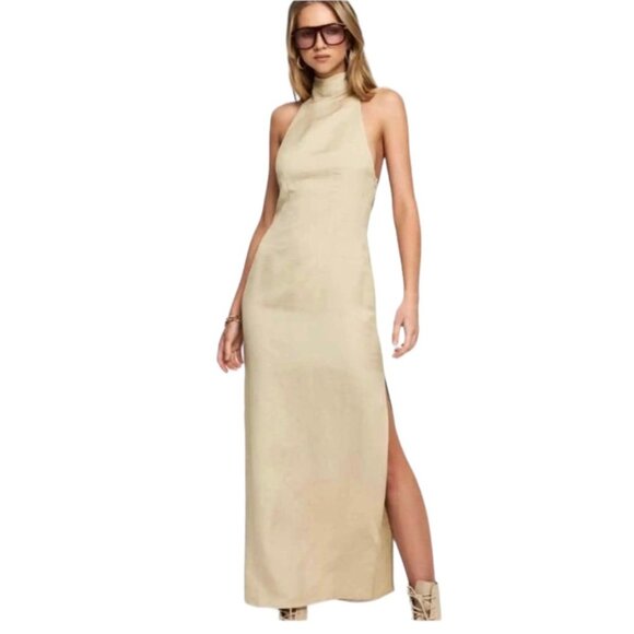 Lioness Womens Halter Dress Small Tan Linen Blend Sheath Maxi - Picture 3 of 16